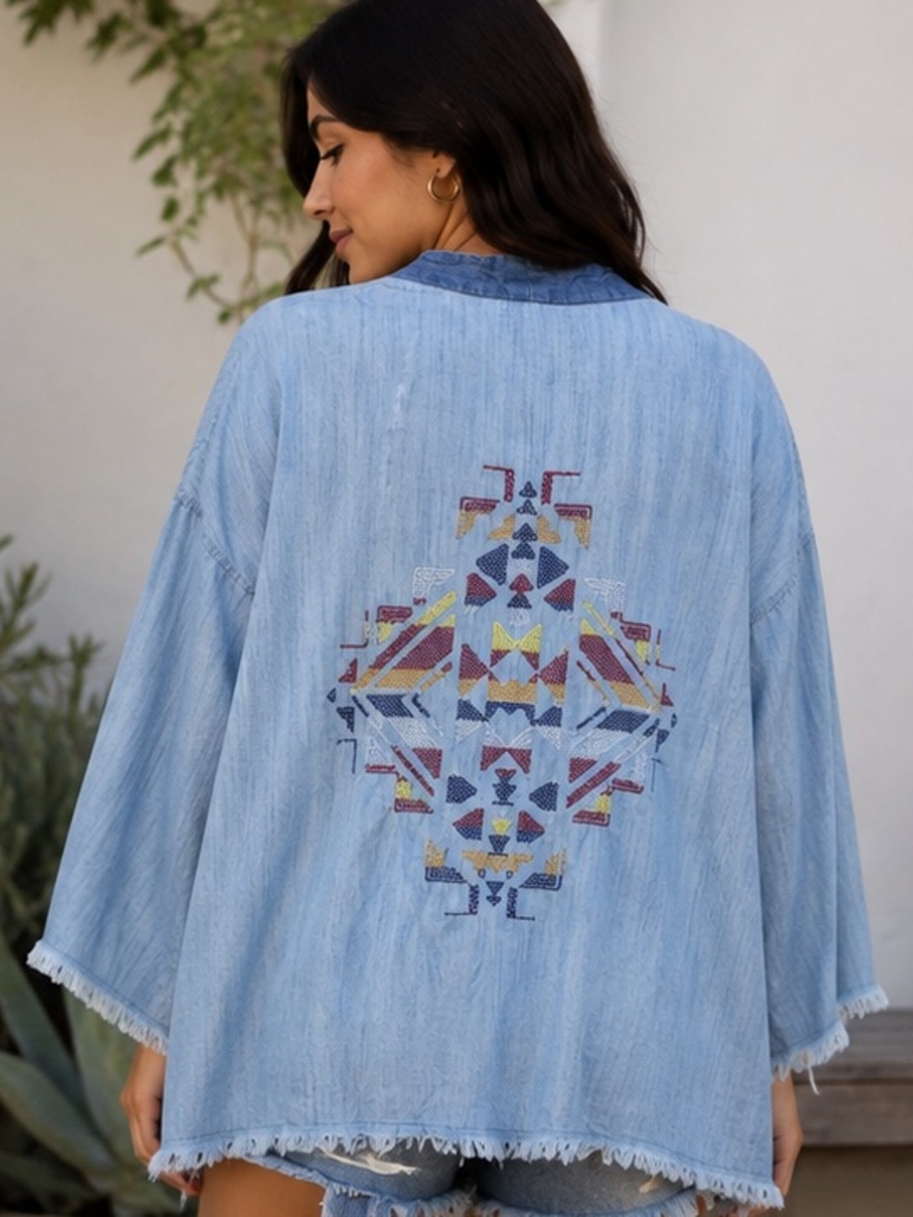 Southwest embroidered denim kimono